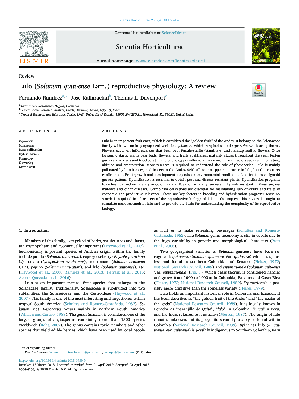 Lulo (Solanum quitoense Lam.) reproductive physiology: A review