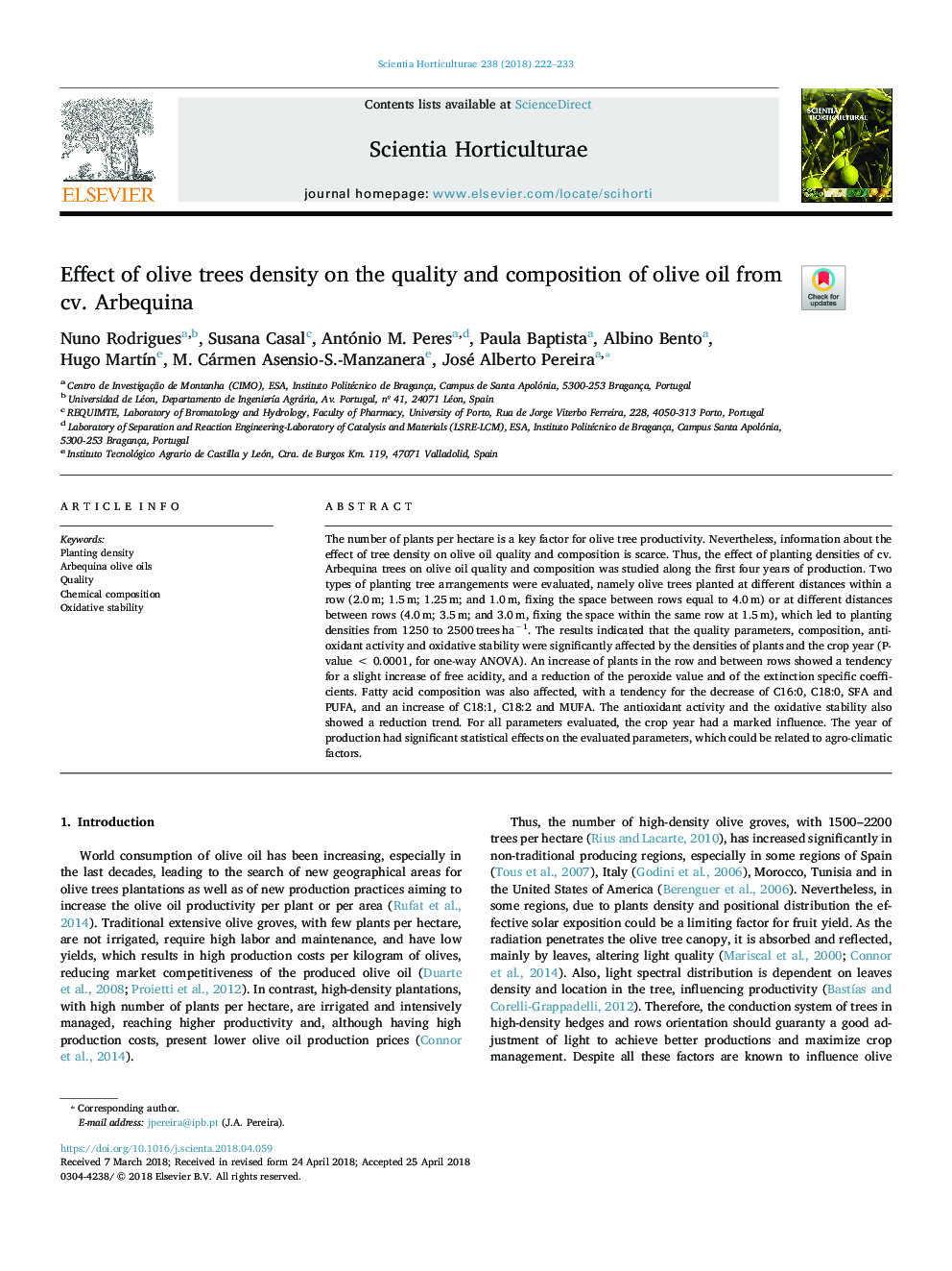 Effect of olive trees density on the quality and composition of olive oil from cv. Arbequina