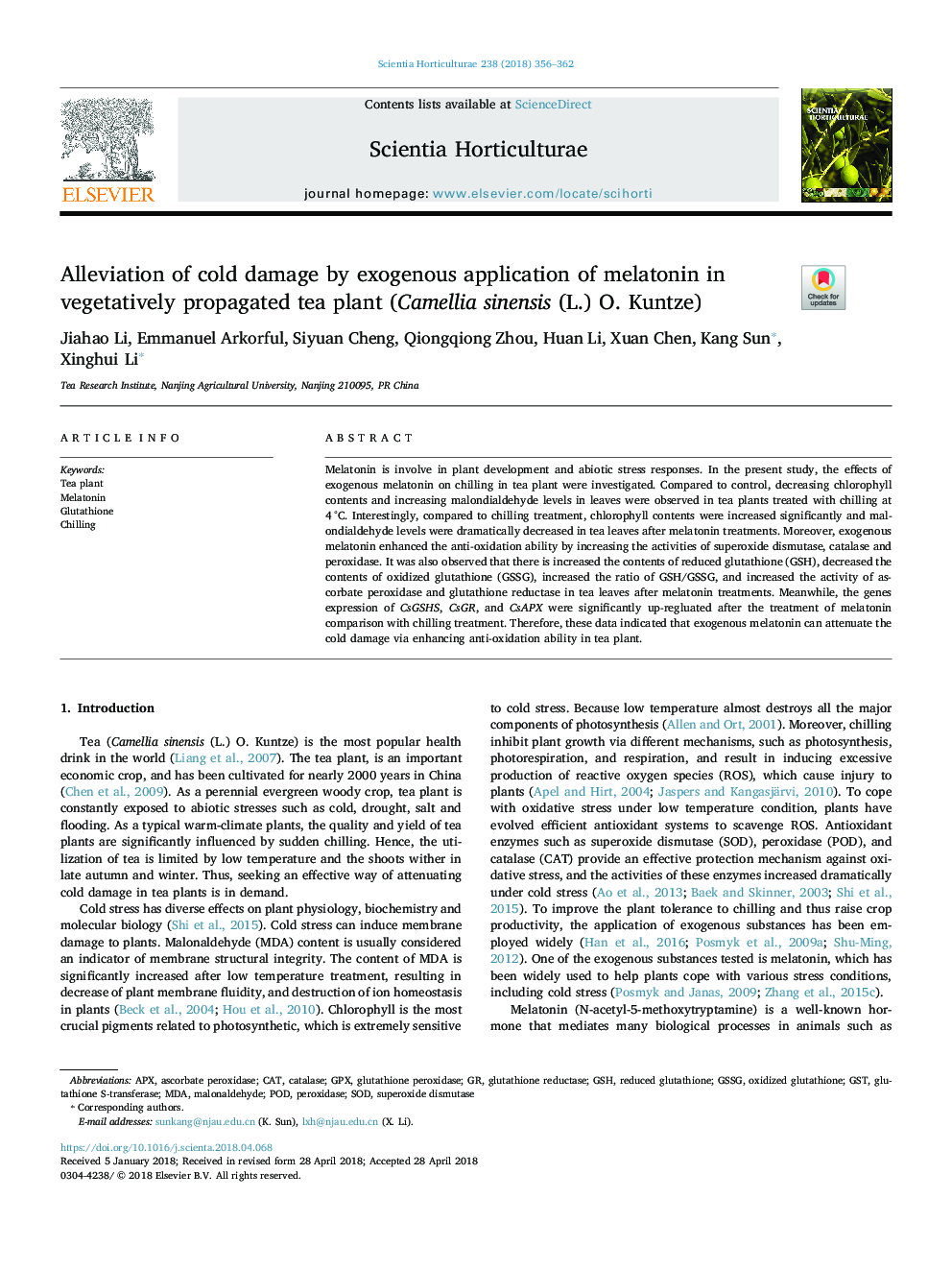 Alleviation of cold damage by exogenous application of melatonin in vegetatively propagated tea plant (Camellia sinensis (L.) O. Kuntze)