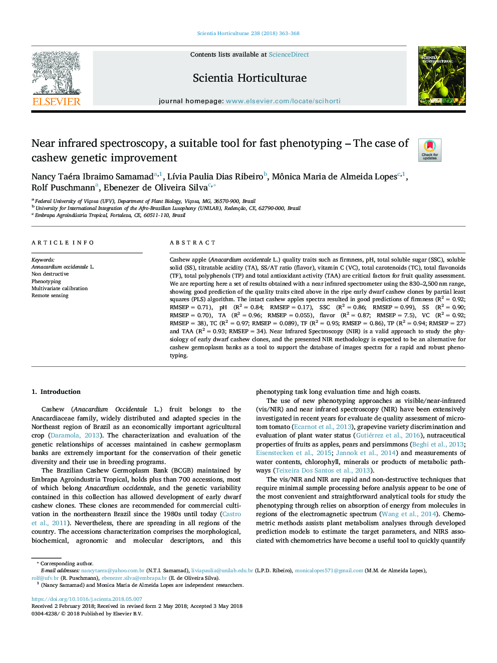 Near infrared spectroscopy, a suitable tool for fast phenotyping - The case of cashew genetic improvement