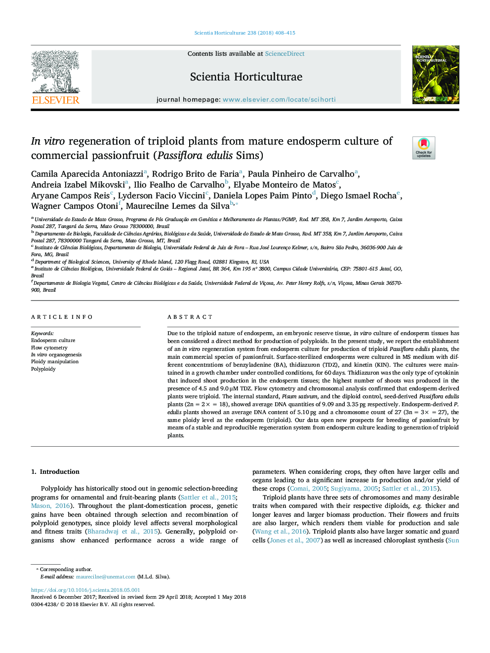 In vitro regeneration of triploid plants from mature endosperm culture of commercial passionfruit (Passiflora edulis Sims)