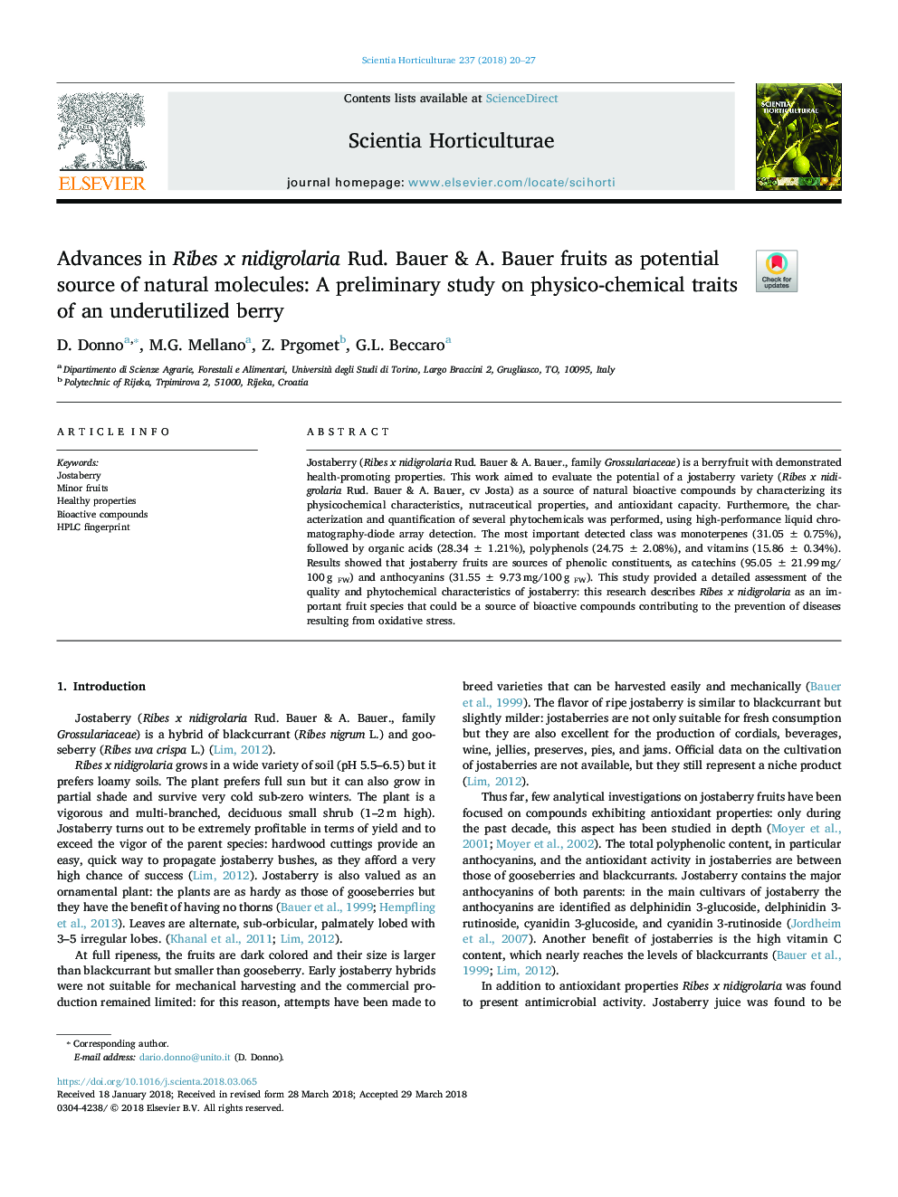 Advances in Ribes x nidigrolaria Rud. Bauer & A. Bauer fruits as potential source of natural molecules: A preliminary study on physico-chemical traits of an underutilized berry
