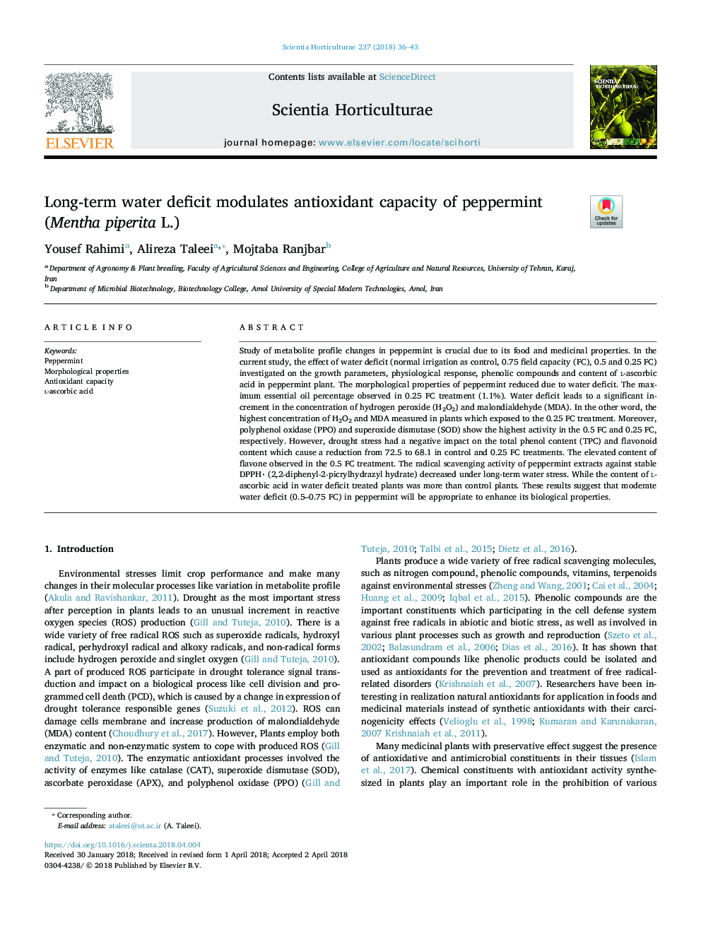 Long-term water deficit modulates antioxidant capacity of peppermint (Mentha piperita L.)