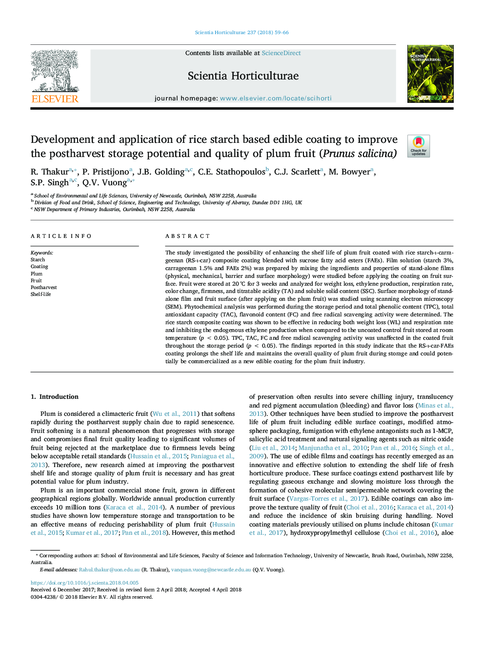 Development and application of rice starch based edible coating to improve the postharvest storage potential and quality of plum fruit (Prunus salicina)