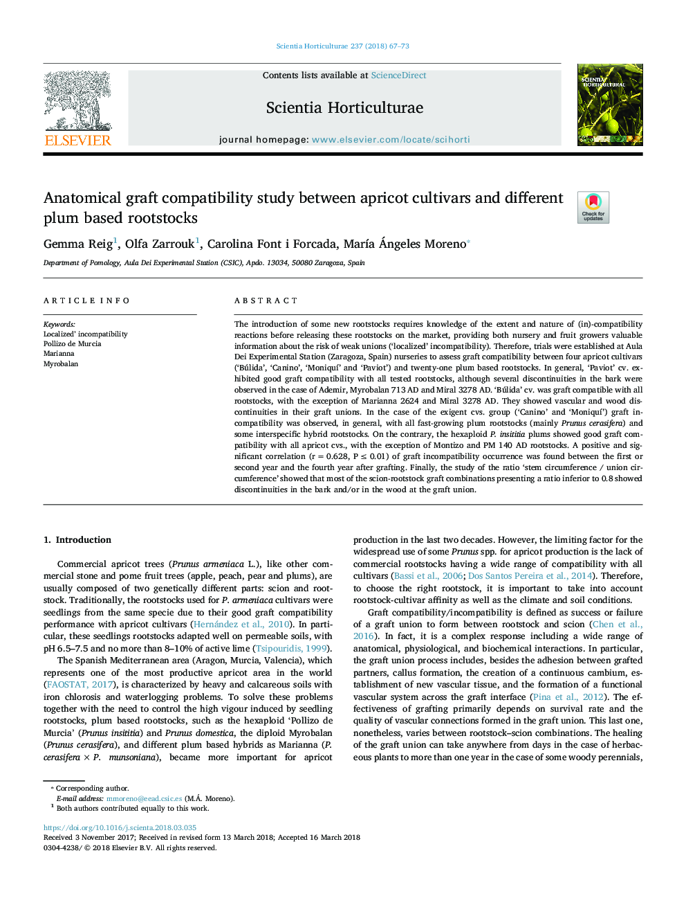 Anatomical graft compatibility study between apricot cultivars and different plum based rootstocks