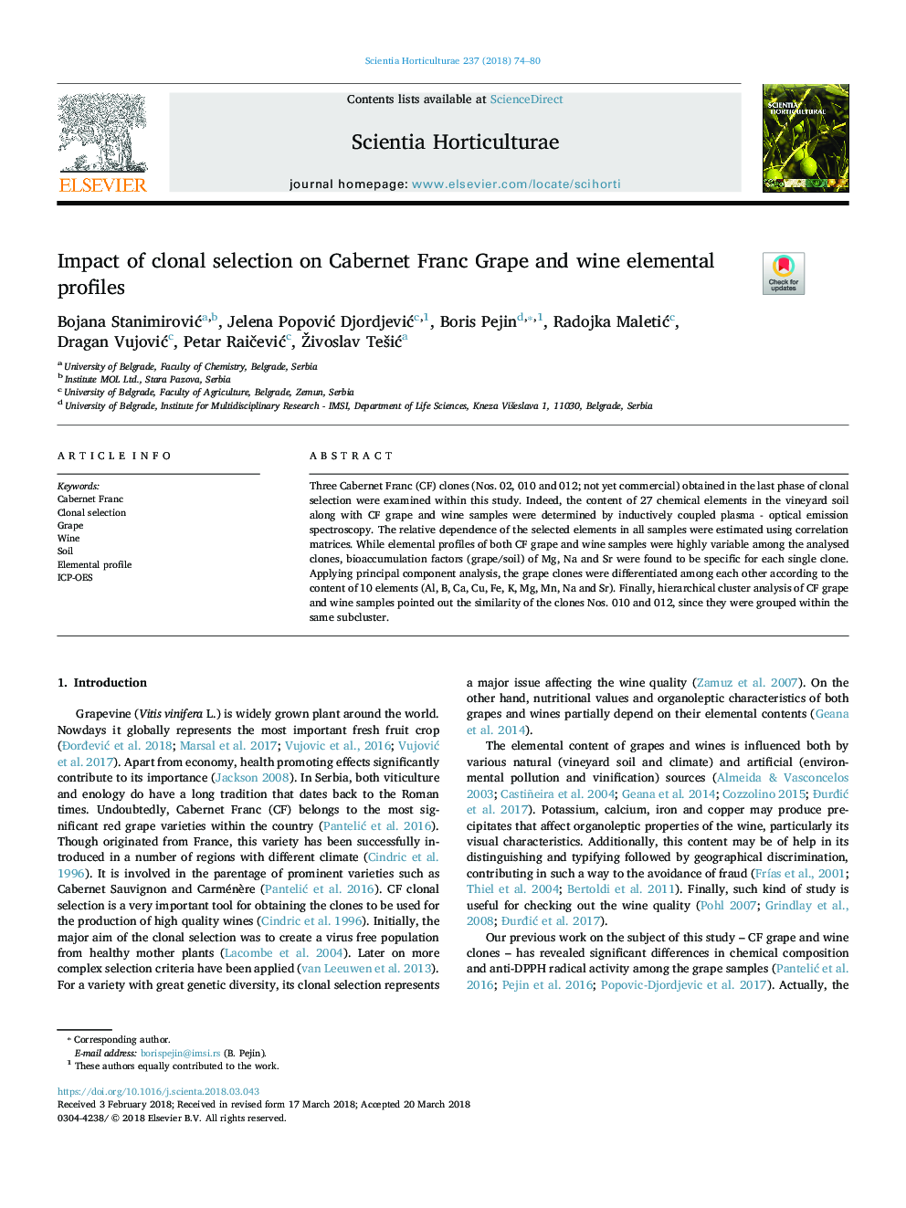 Impact of clonal selection on Cabernet Franc Grape and wine elemental profiles