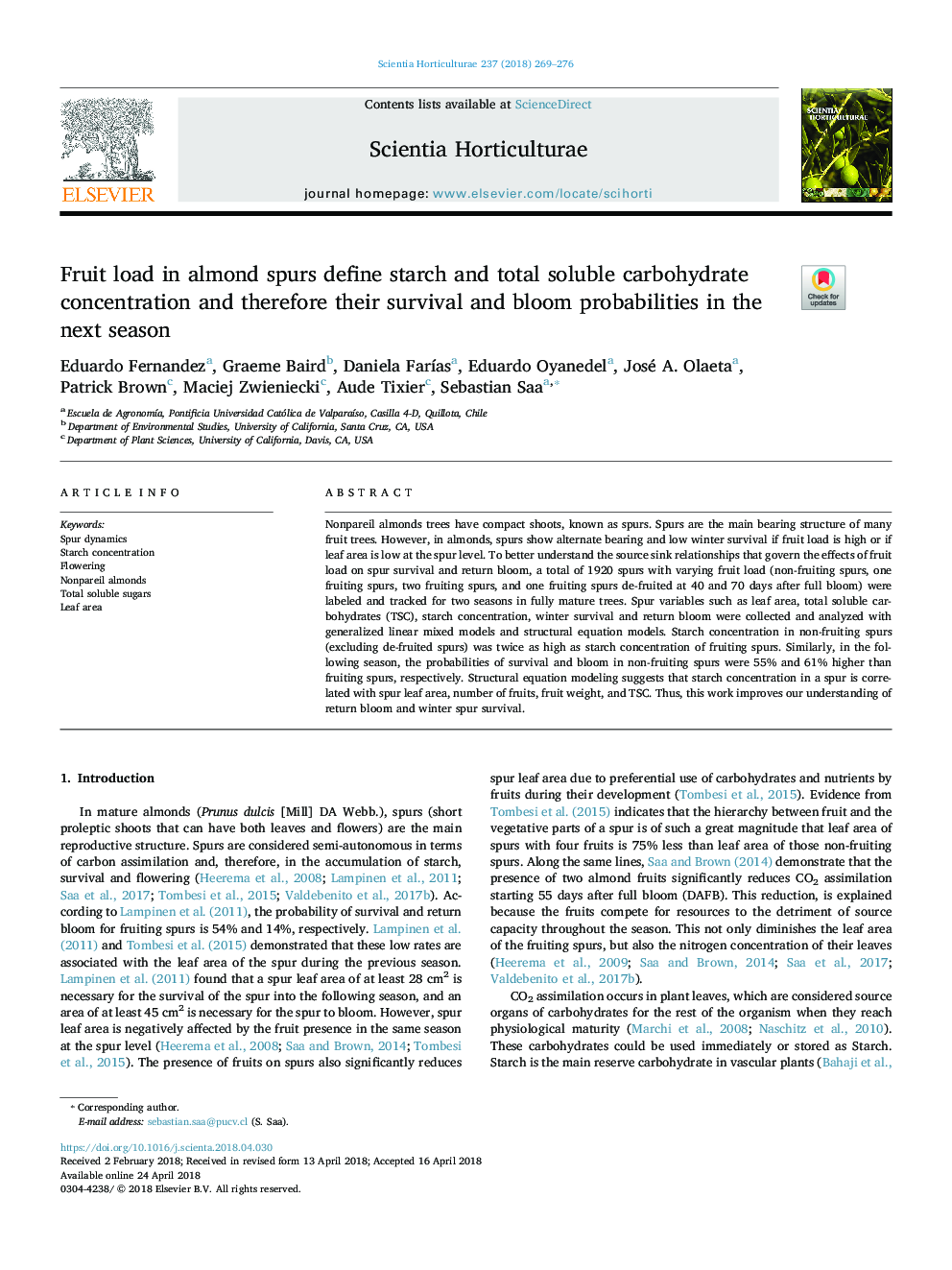 Fruit load in almond spurs define starch and total soluble carbohydrate concentration and therefore their survival and bloom probabilities in the next season