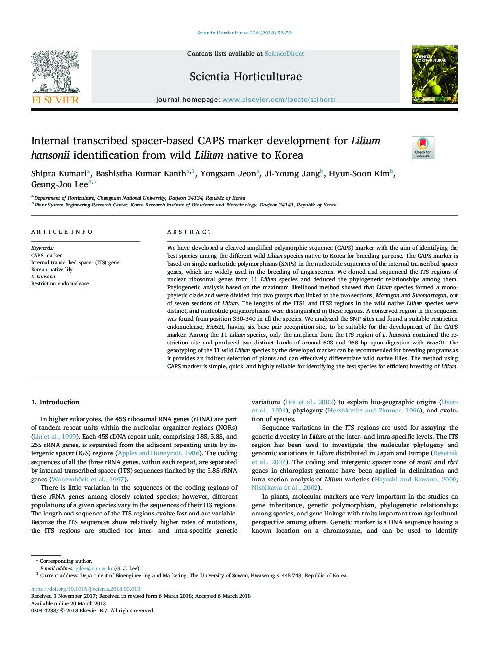 Internal transcribed spacer-based CAPS marker development for Lilium hansonii identification from wild Lilium native to Korea