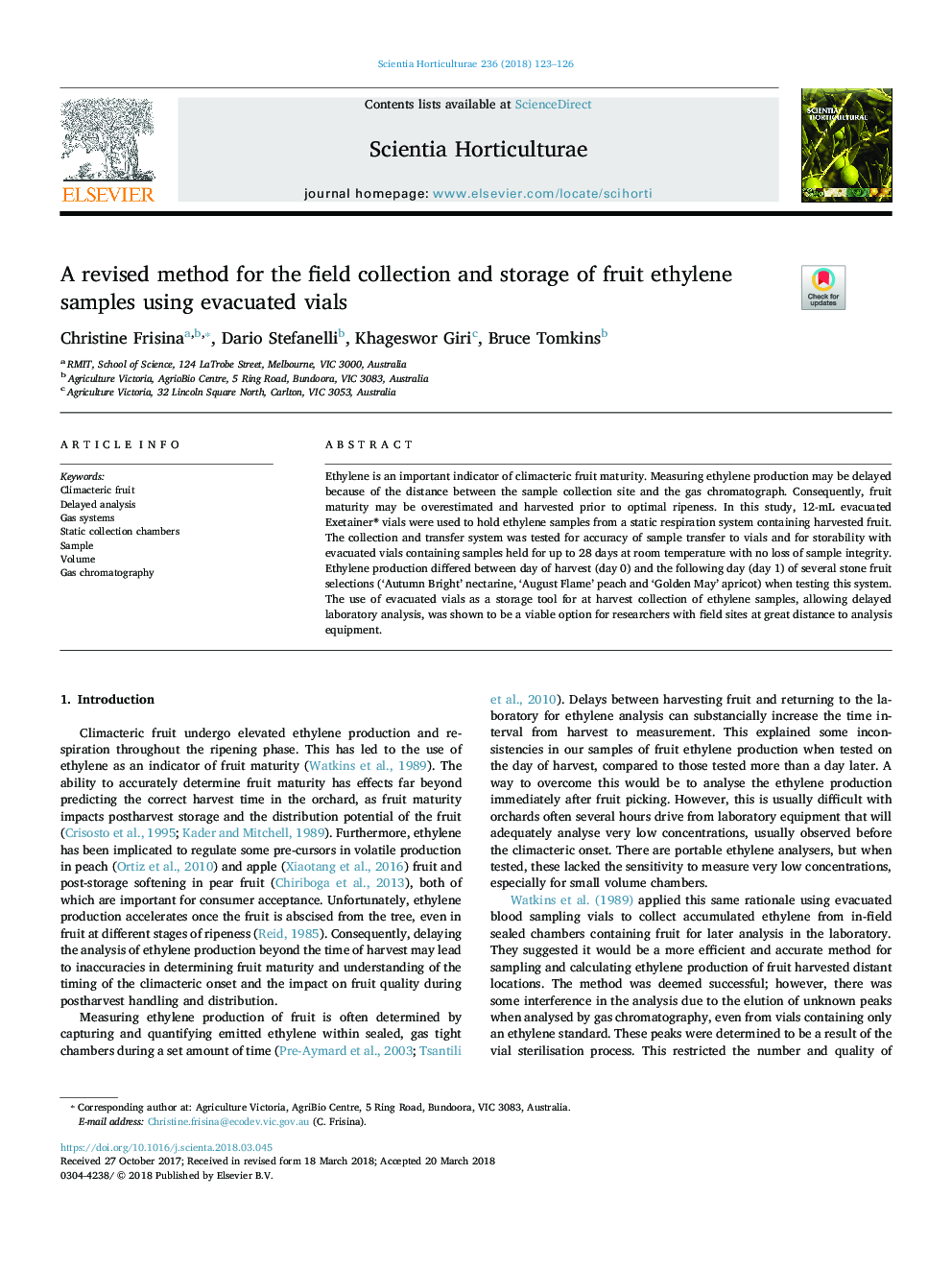 A revised method for the field collection and storage of fruit ethylene samples using evacuated vials