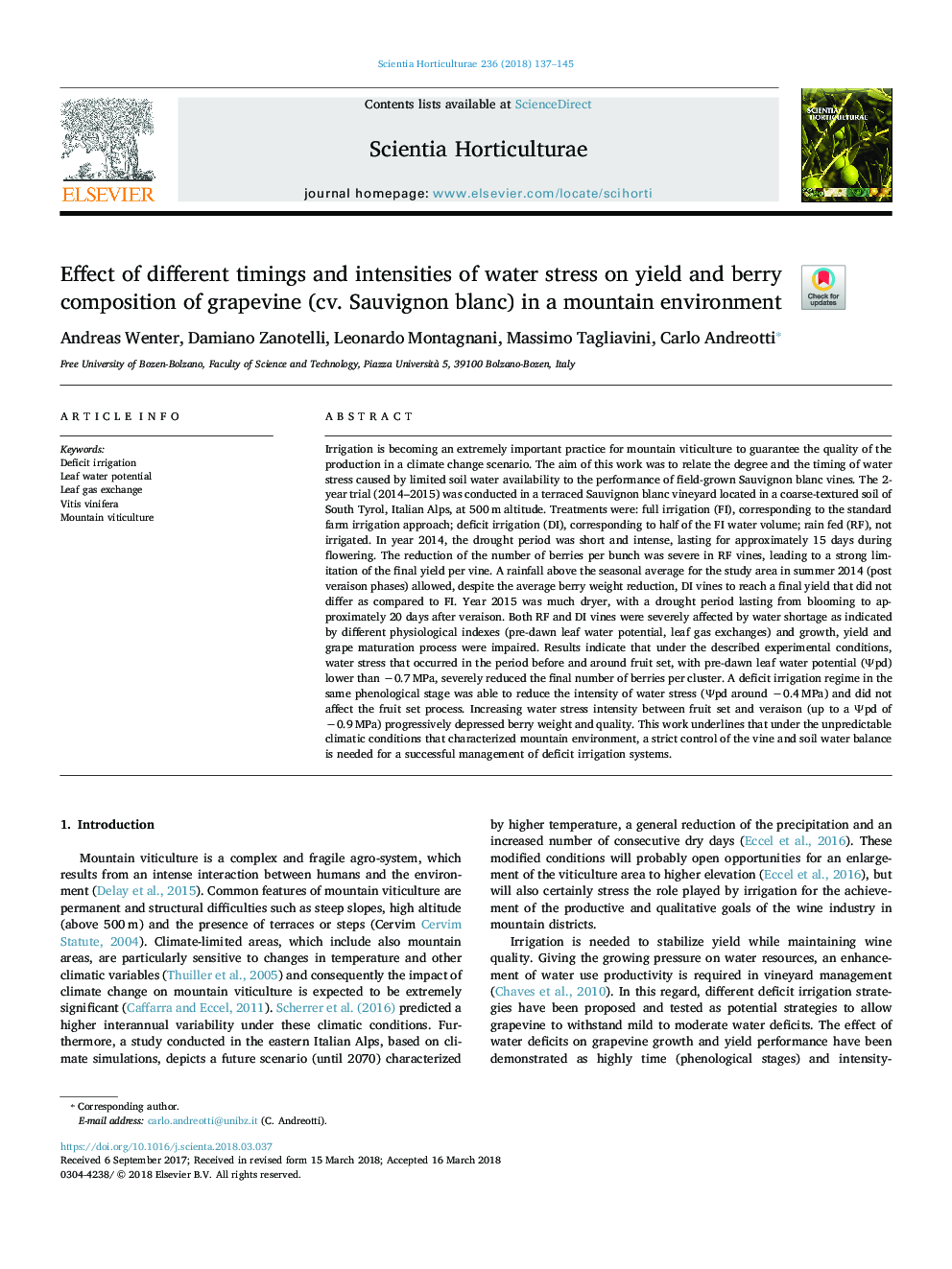 Effect of different timings and intensities of water stress on yield and berry composition of grapevine (cv. Sauvignon blanc) in a mountain environment