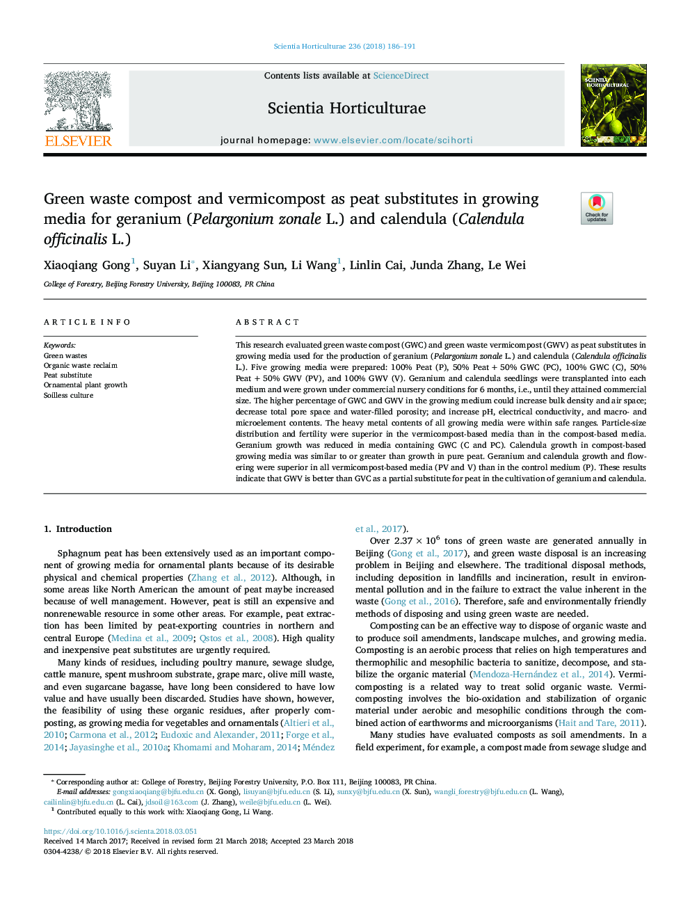 Green waste compost and vermicompost as peat substitutes in growing media for geranium (Pelargonium zonale L.) and calendula (Calendula officinalis L.)