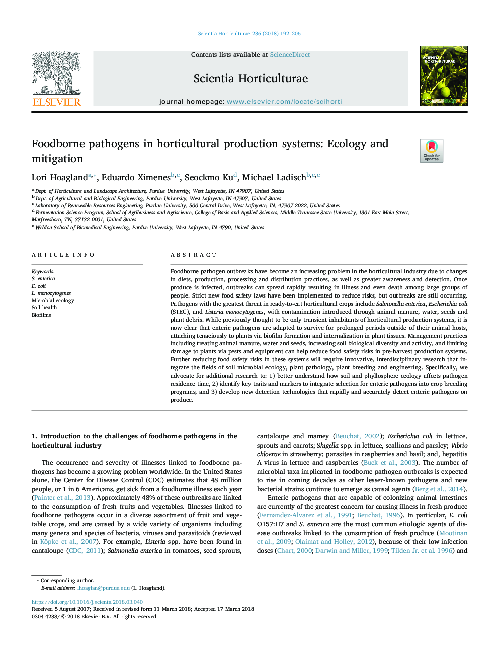 Foodborne pathogens in horticultural production systems: Ecology and mitigation