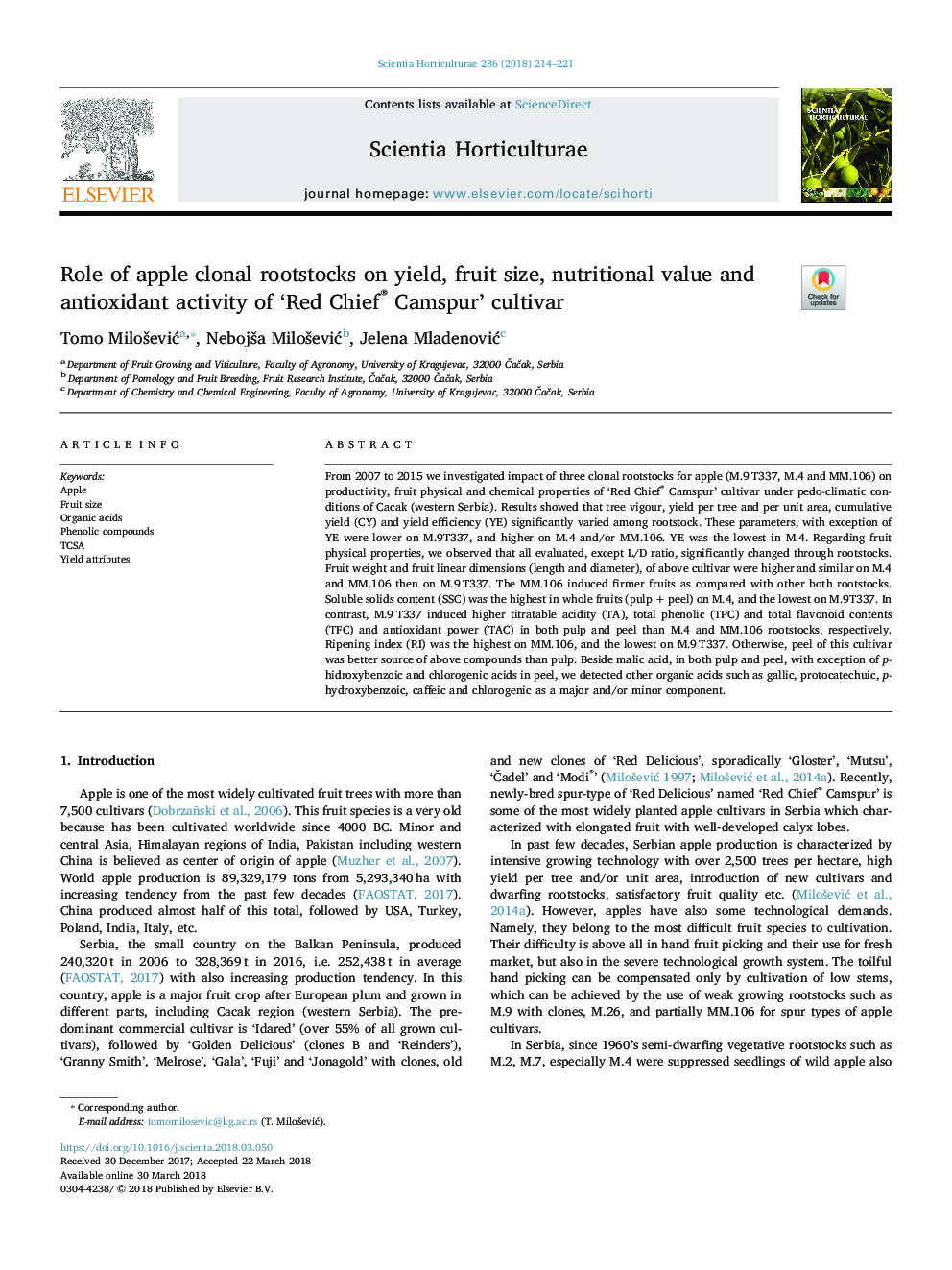 Role of apple clonal rootstocks on yield, fruit size, nutritional value and antioxidant activity of 'Red Chief® Camspur' cultivar