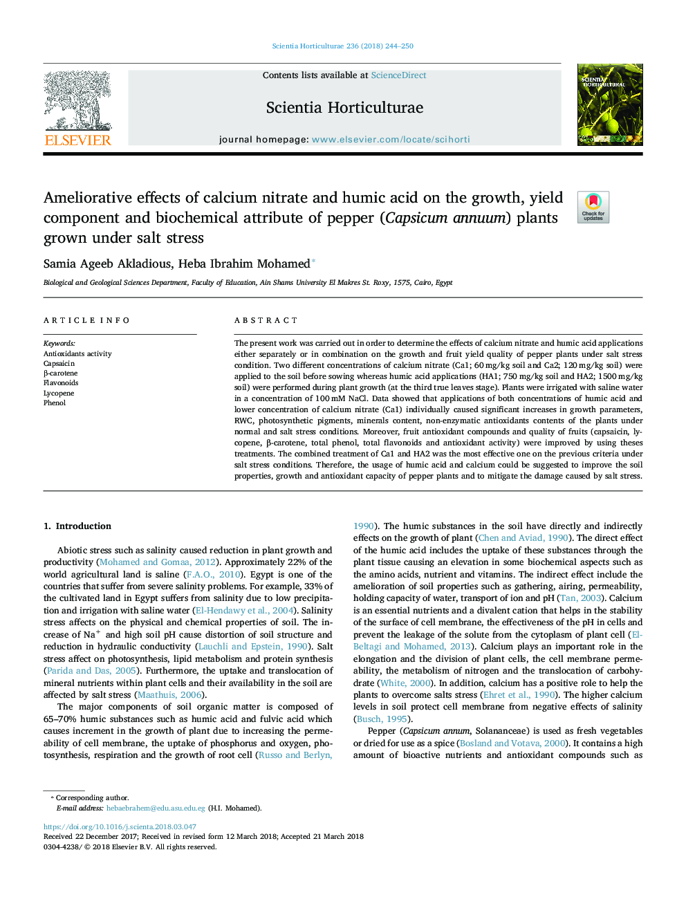 Ameliorative effects of calcium nitrate and humic acid on the growth, yield component and biochemical attribute of pepper (Capsicum annuum) plants grown under salt stress