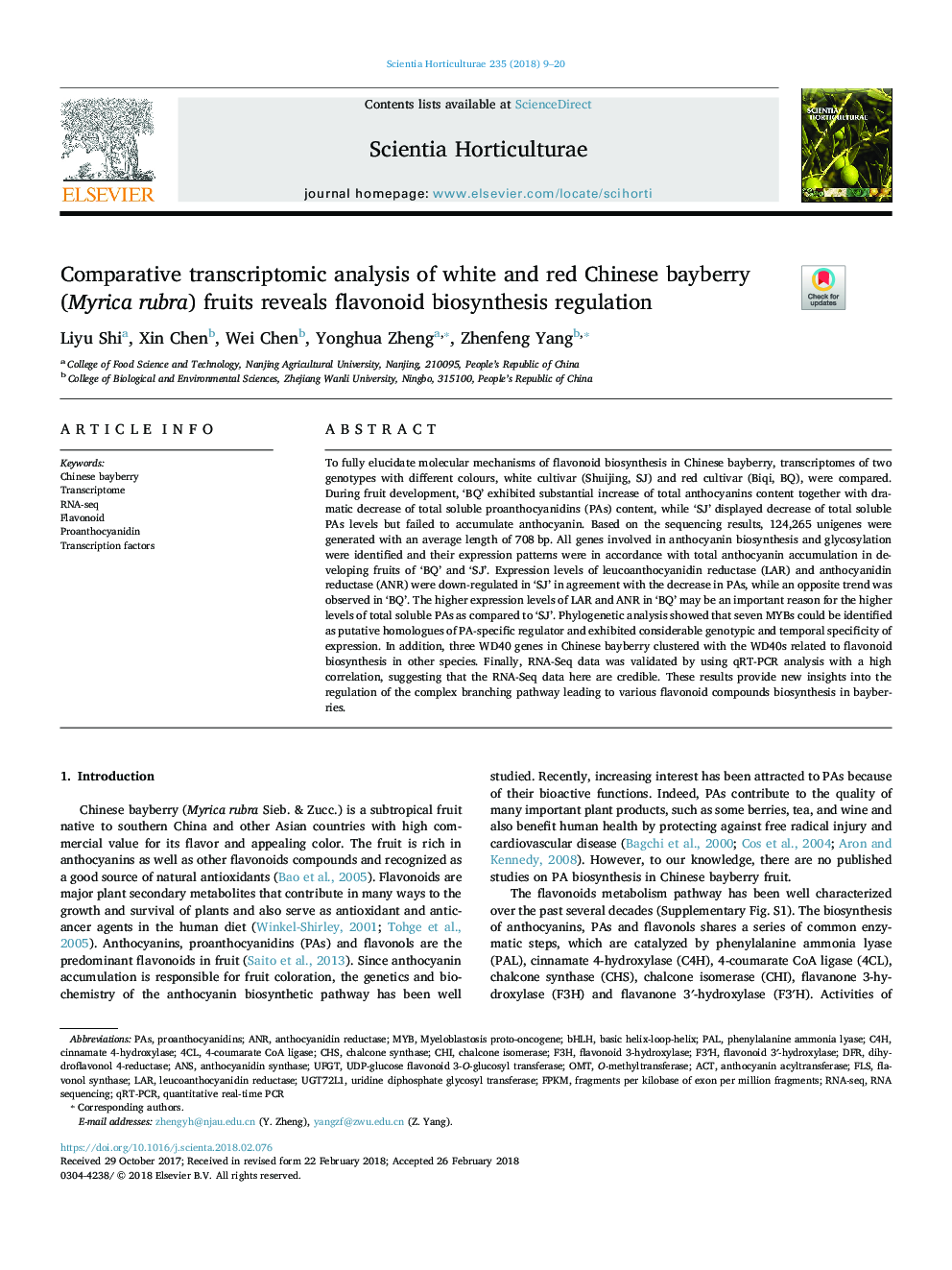 Comparative transcriptomic analysis of white and red Chinese bayberry (Myrica rubra) fruits reveals flavonoid biosynthesis regulation