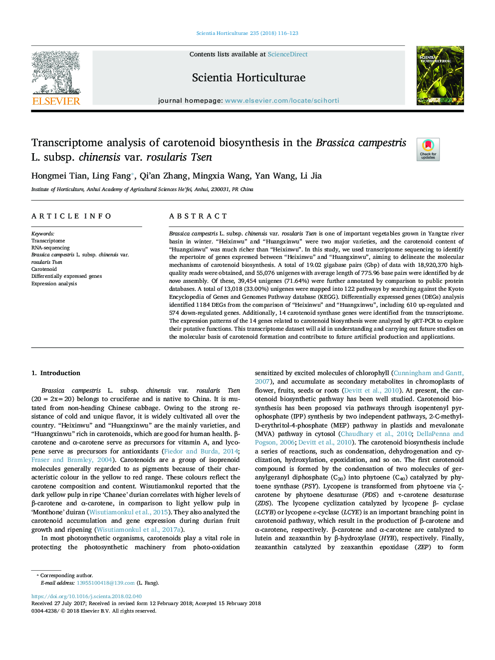 Transcriptome analysis of carotenoid biosynthesis in the Brassica campestris L. subsp. chinensis var. rosularis Tsen
