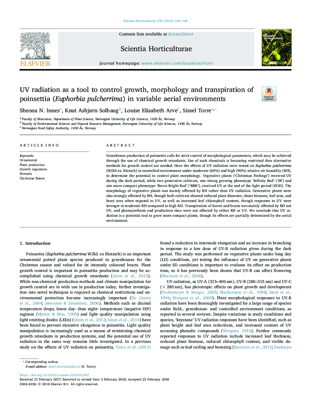 UV radiation as a tool to control growth, morphology and transpiration of poinsettia (Euphorbia pulcherrima) in variable aerial environments