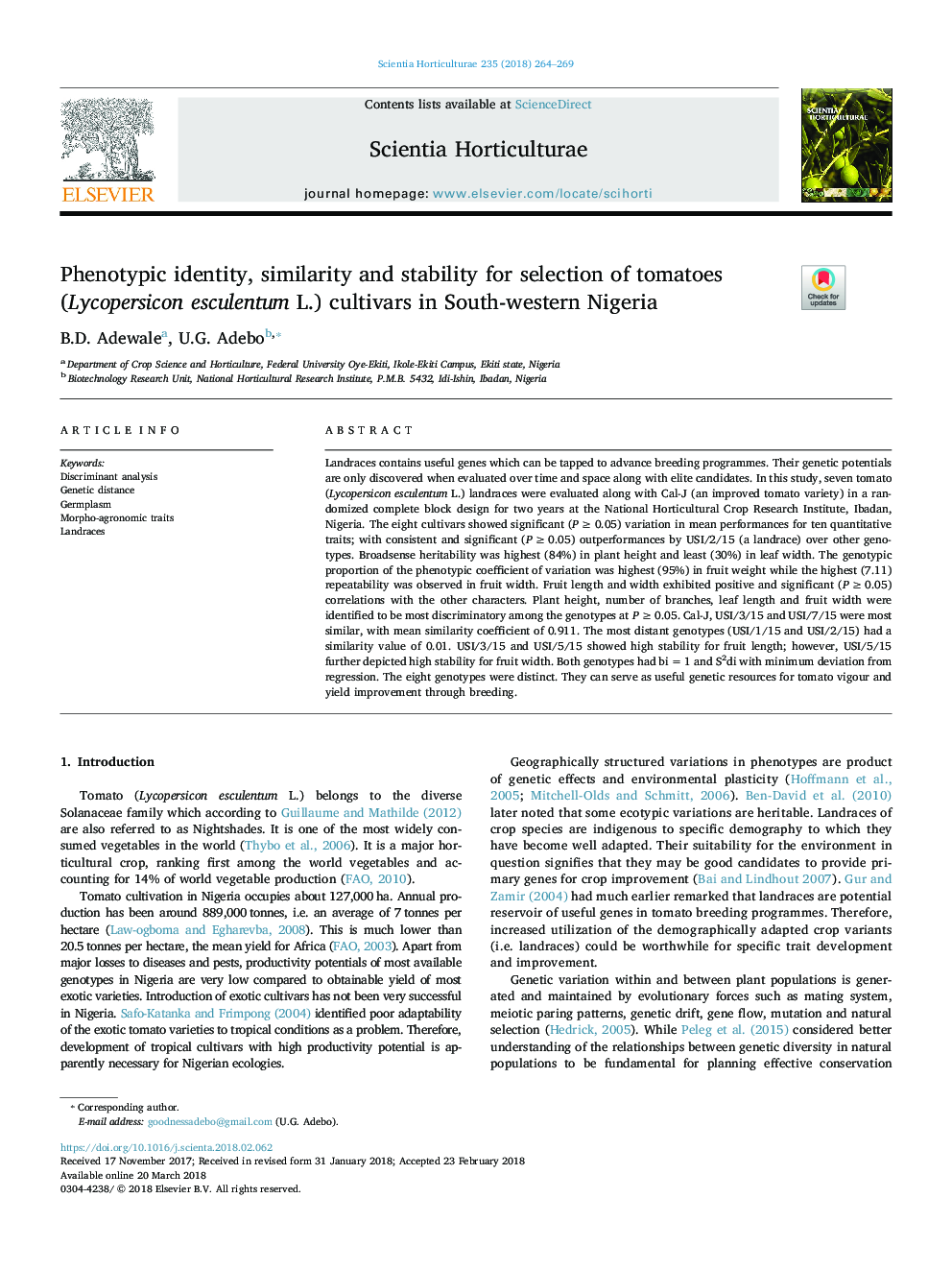 Phenotypic identity, similarity and stability for selection of tomatoes (Lycopersicon esculentum L.) cultivars in South-western Nigeria