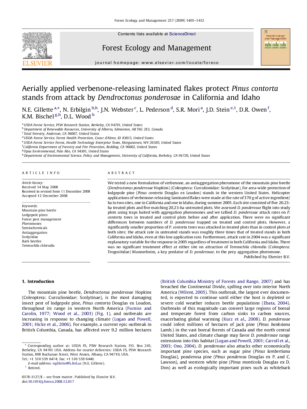 Aerially applied verbenone-releasing laminated flakes protect Pinus contorta stands from attack by Dendroctonus ponderosae in California and Idaho