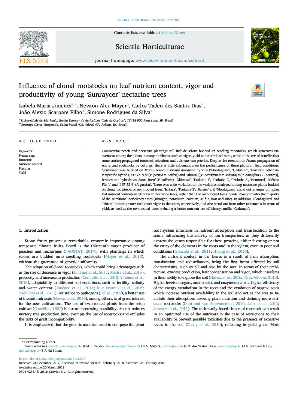 Influence of clonal rootstocks on leaf nutrient content, vigor and productivity of young 'Sunraycer' nectarine trees