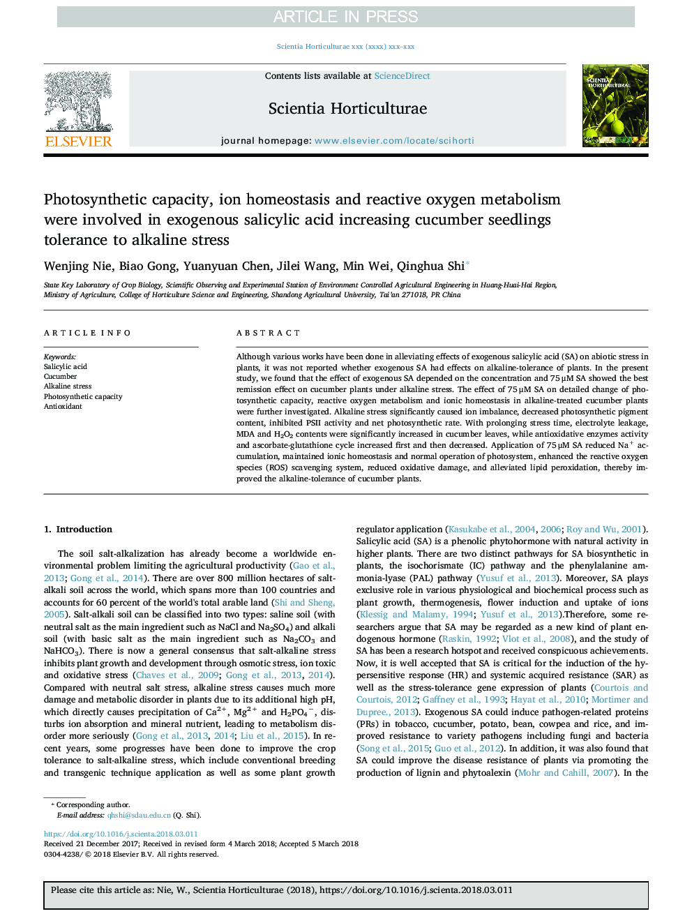 Photosynthetic capacity, ion homeostasis and reactive oxygen metabolism were involved in exogenous salicylic acid increasing cucumber seedlings tolerance to alkaline stress