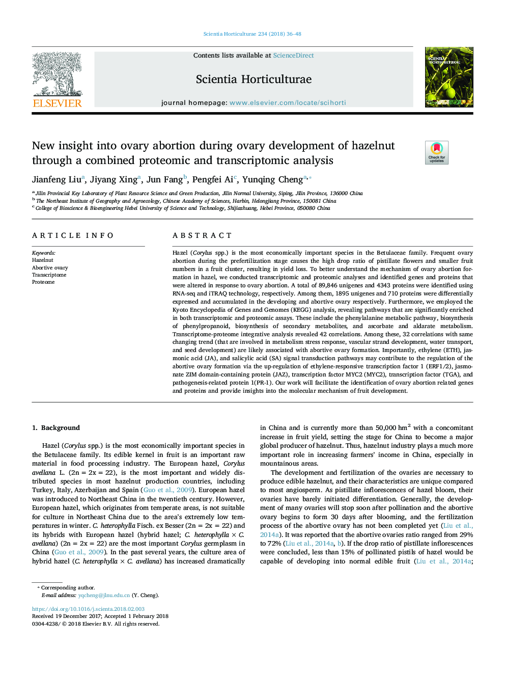 New insight into ovary abortion during ovary development of hazelnut through a combined proteomic and transcriptomic analysis