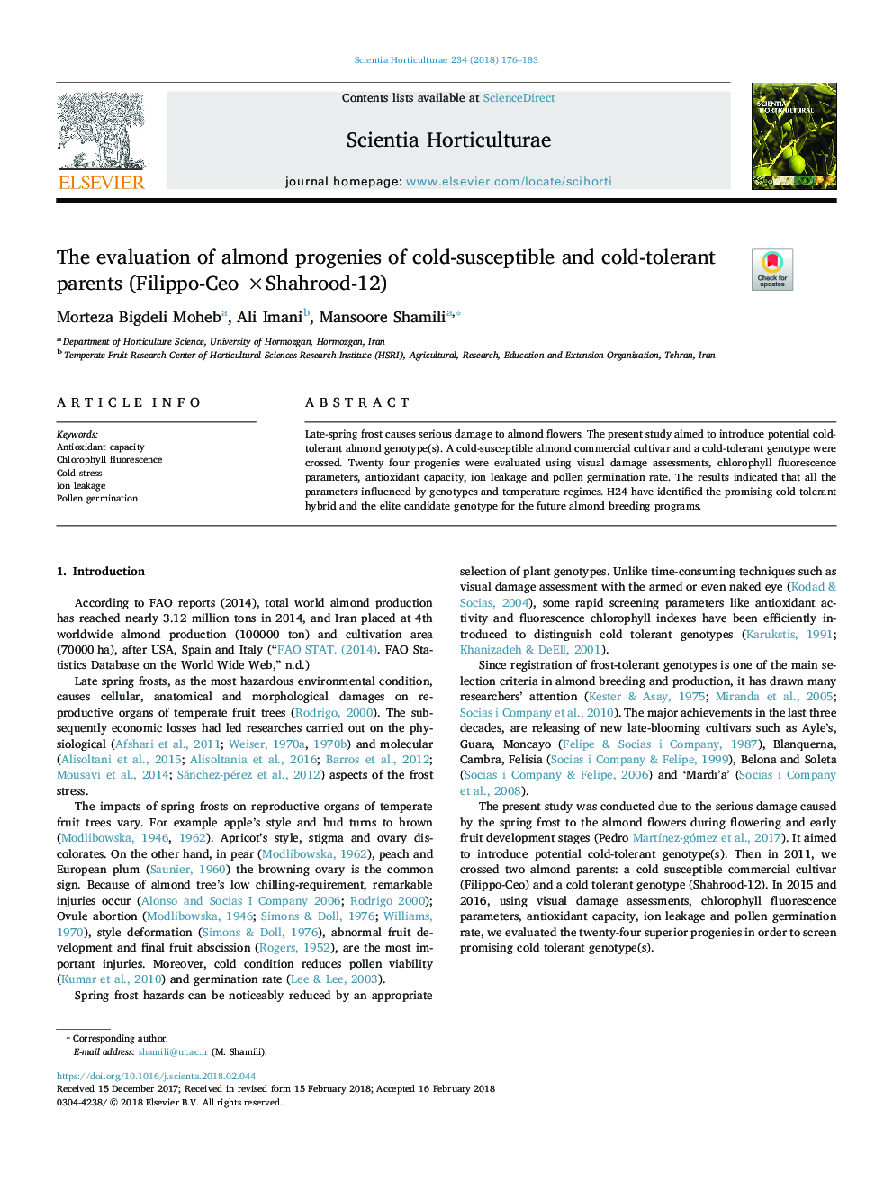 The evaluation of almond progenies of cold-susceptible and cold-tolerant parents (Filippo-Ceo ÃShahrood-12)