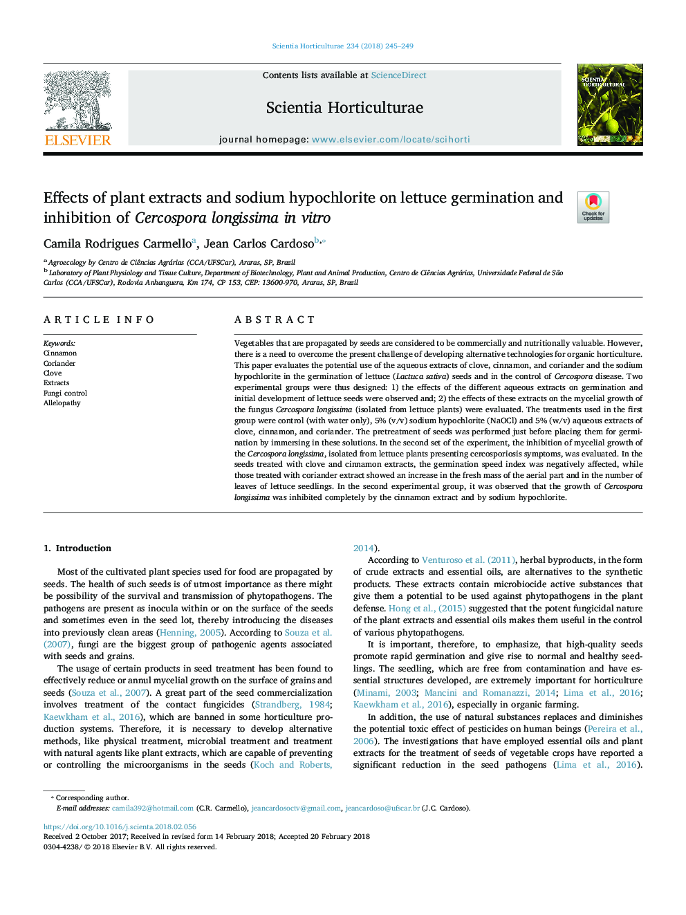 Effects of plant extracts and sodium hypochlorite on lettuce germination and inhibition of Cercospora longissima in vitro