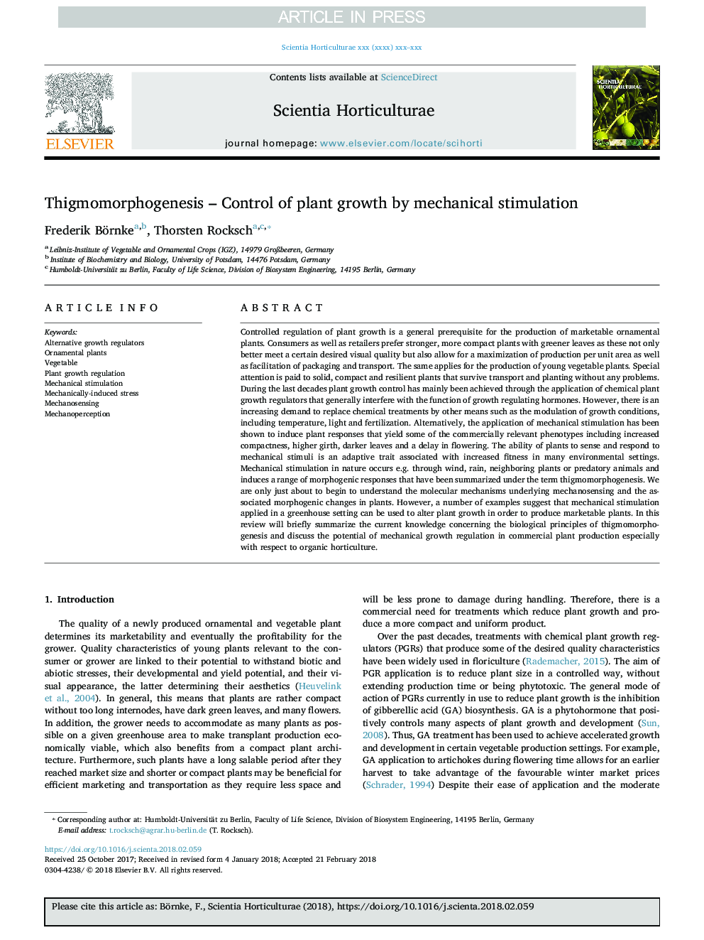 Thigmomorphogenesis - Control of plant growth by mechanical stimulation