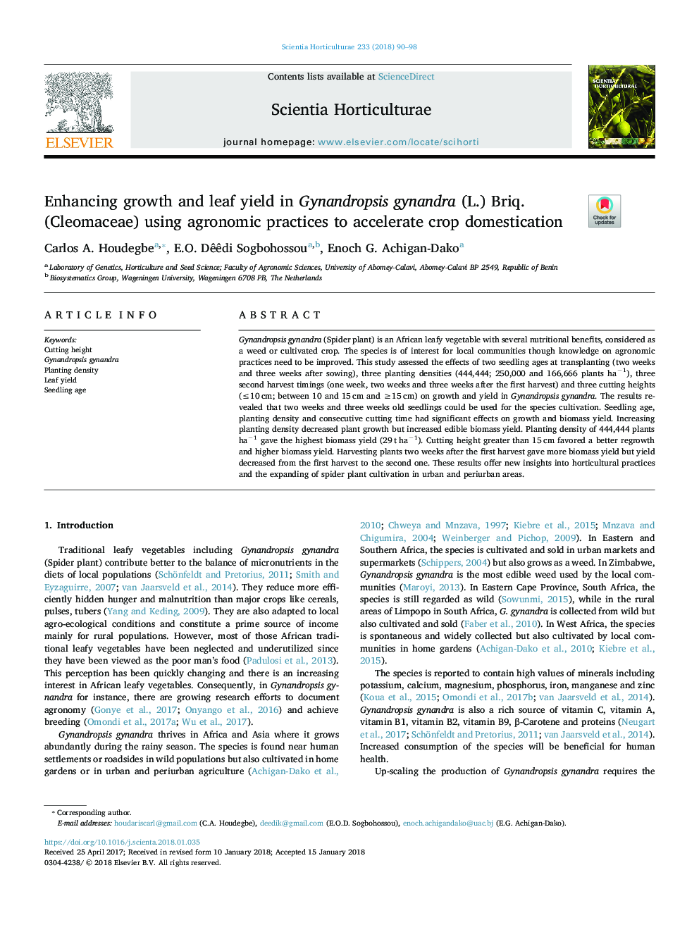 Enhancing growth and leaf yield in Gynandropsis gynandra (L.) Briq. (Cleomaceae) using agronomic practices to accelerate crop domestication