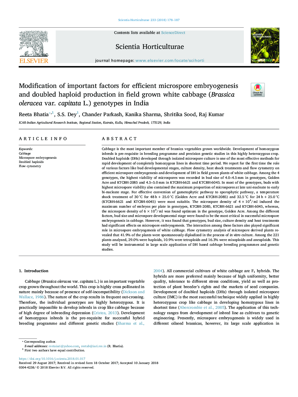 عکس صفحه اول مقاله: Modification of important factors for efficient microspore embryogenesis and doubled haploid production in field grown white cabbage (Brassica oleracea var. capitata L.) genotypes in India Modification of important factors for efficient microspore embryogenesis and doubled haploid production in field grown white cabbage (Brassica oleracea var. capitata L.) genotypes in India