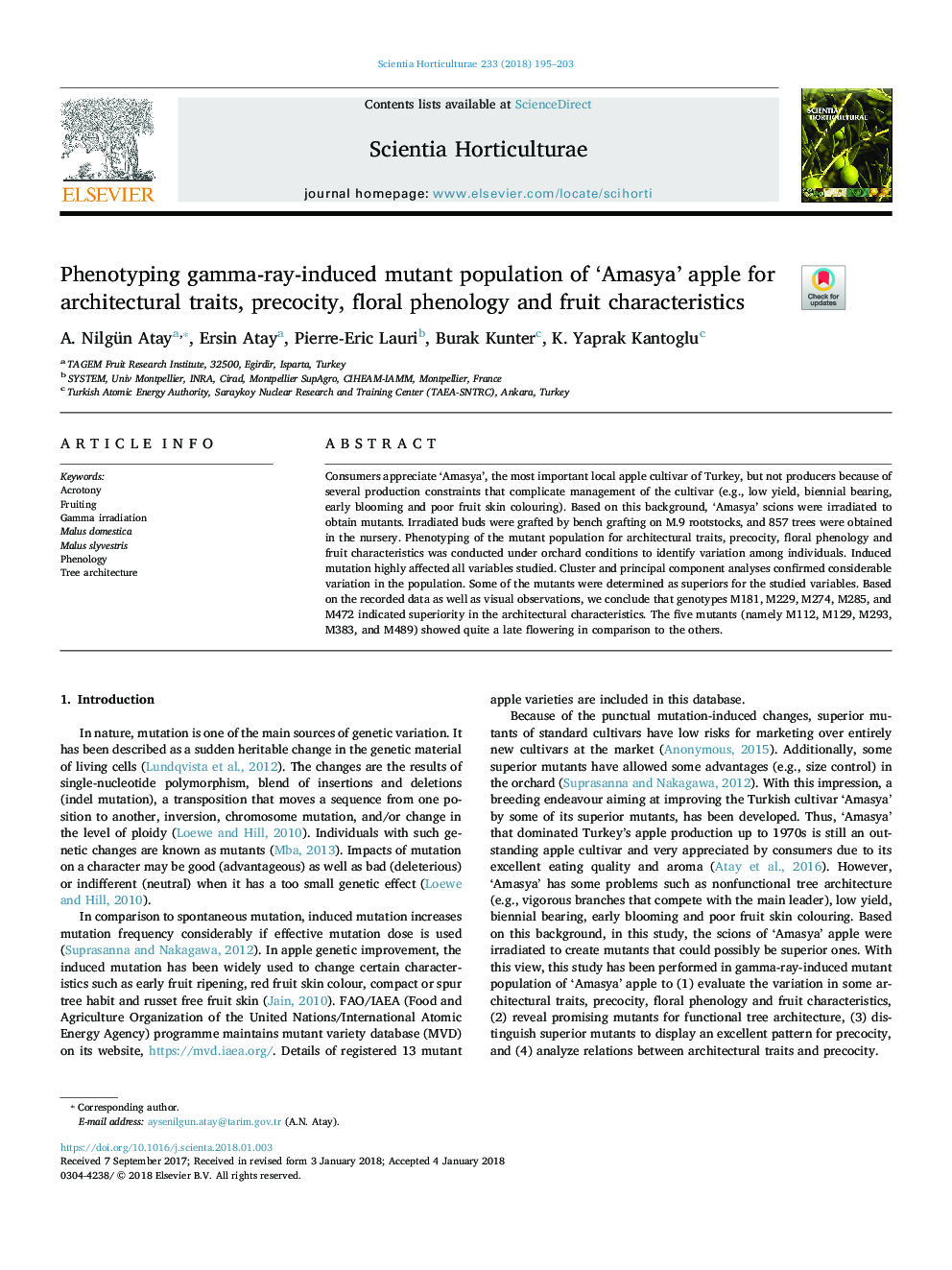 Phenotyping gamma-ray-induced mutant population of 'Amasya' apple for architectural traits, precocity, floral phenology and fruit characteristics