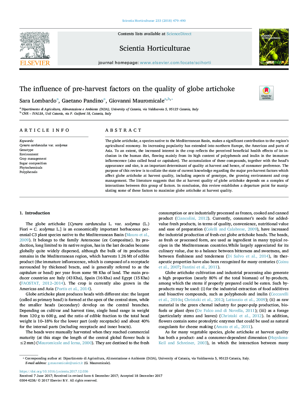 The influence of pre-harvest factors on the quality of globe artichoke