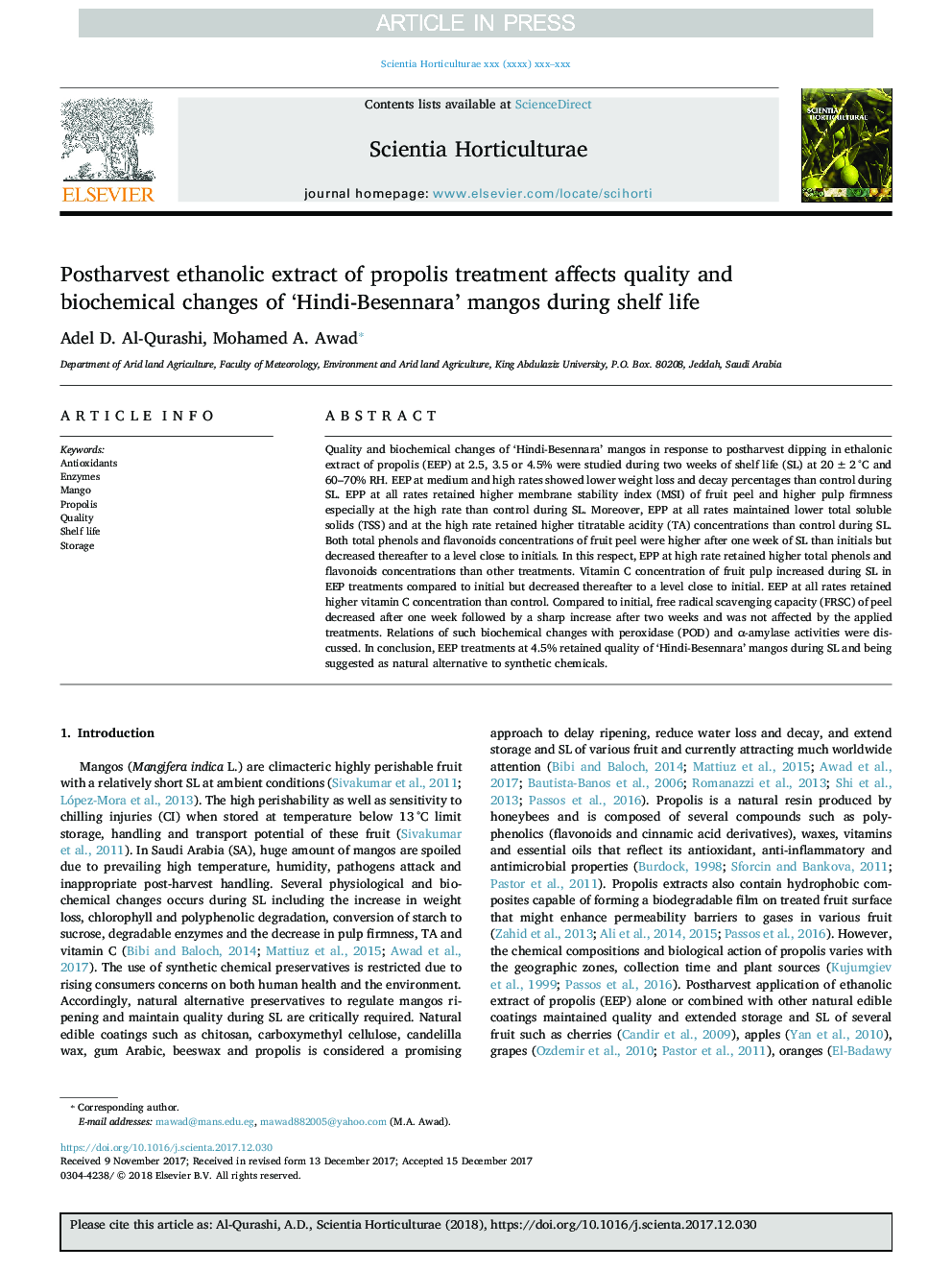 Postharvest ethanolic extract of propolis treatment affects quality and biochemical changes of 'Hindi-Besennara' mangos during shelf life
