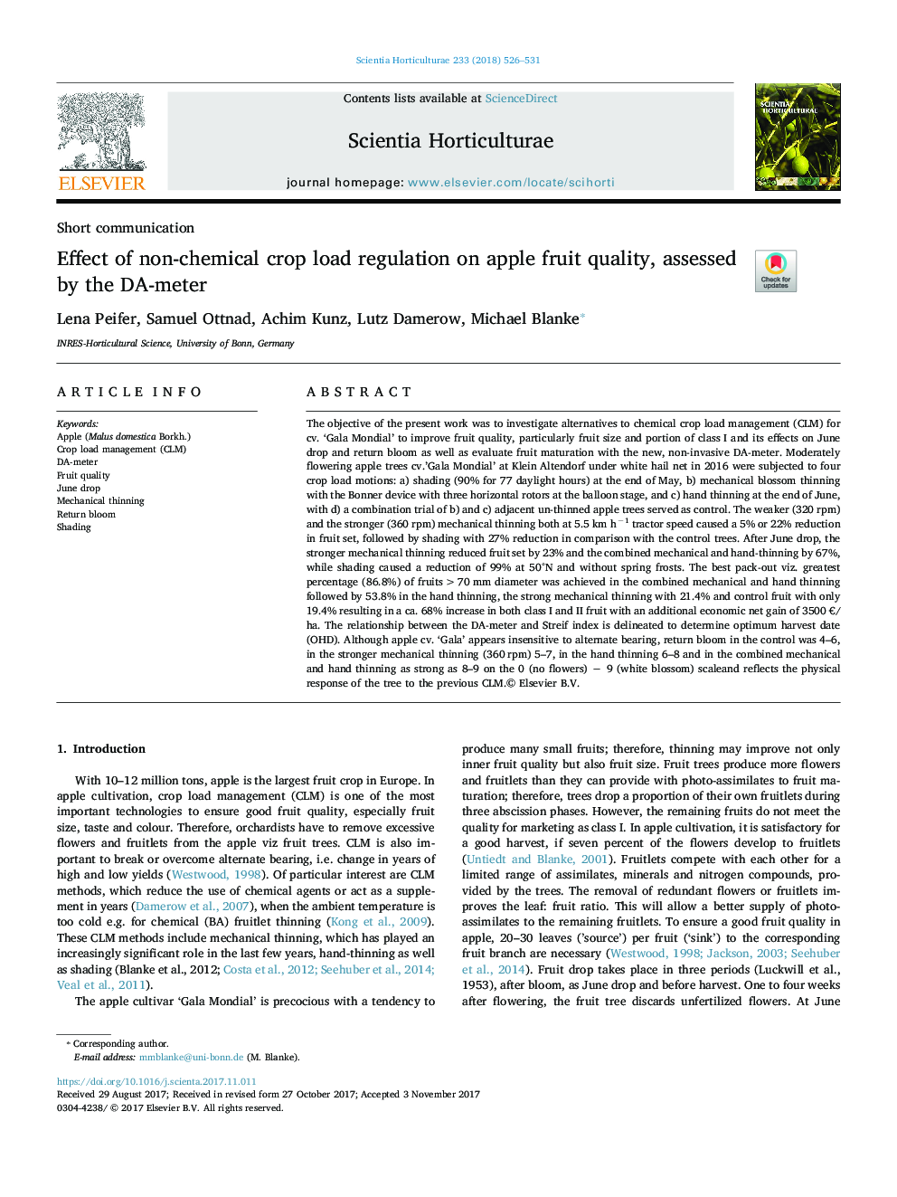 Effect of non-chemical crop load regulation on apple fruit quality, assessed by the DA-meter