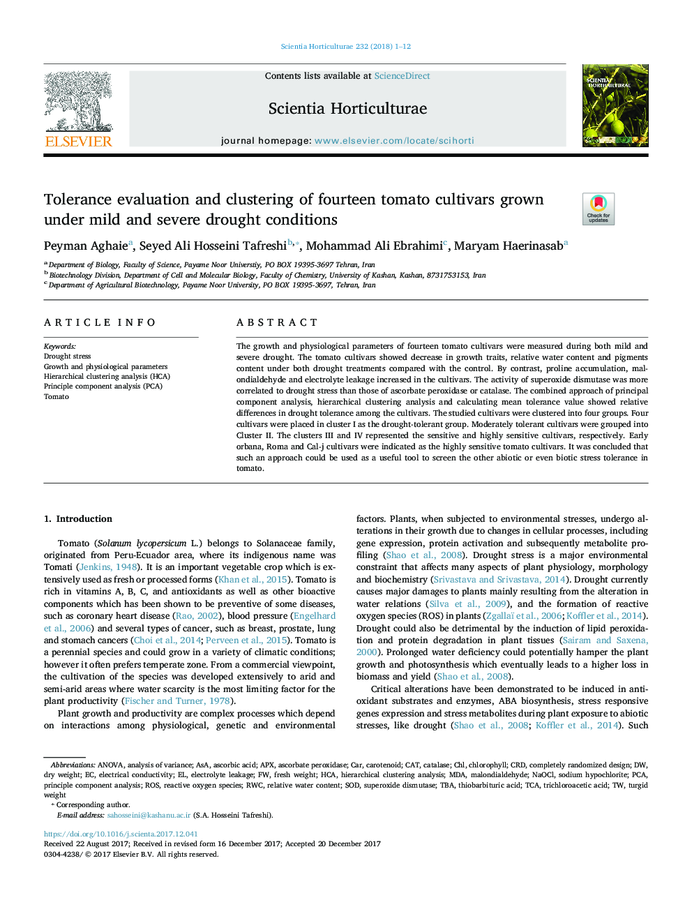 Tolerance evaluation and clustering of fourteen tomato cultivars grown under mild and severe drought conditions