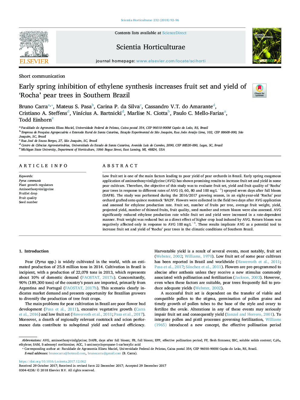 Early spring inhibition of ethylene synthesis increases fruit set and yield of 'Rocha' pear trees in Southern Brazil