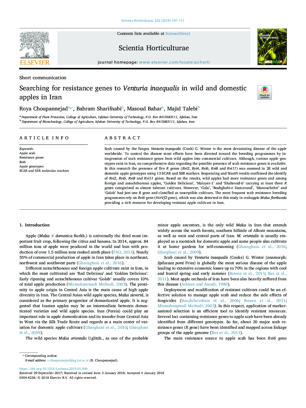 Searching for resistance genes to Venturia inaequalis in wild and domestic apples in Iran