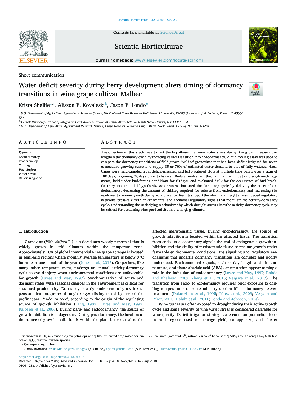 Water deficit severity during berry development alters timing of dormancy transitions in wine grape cultivar Malbec