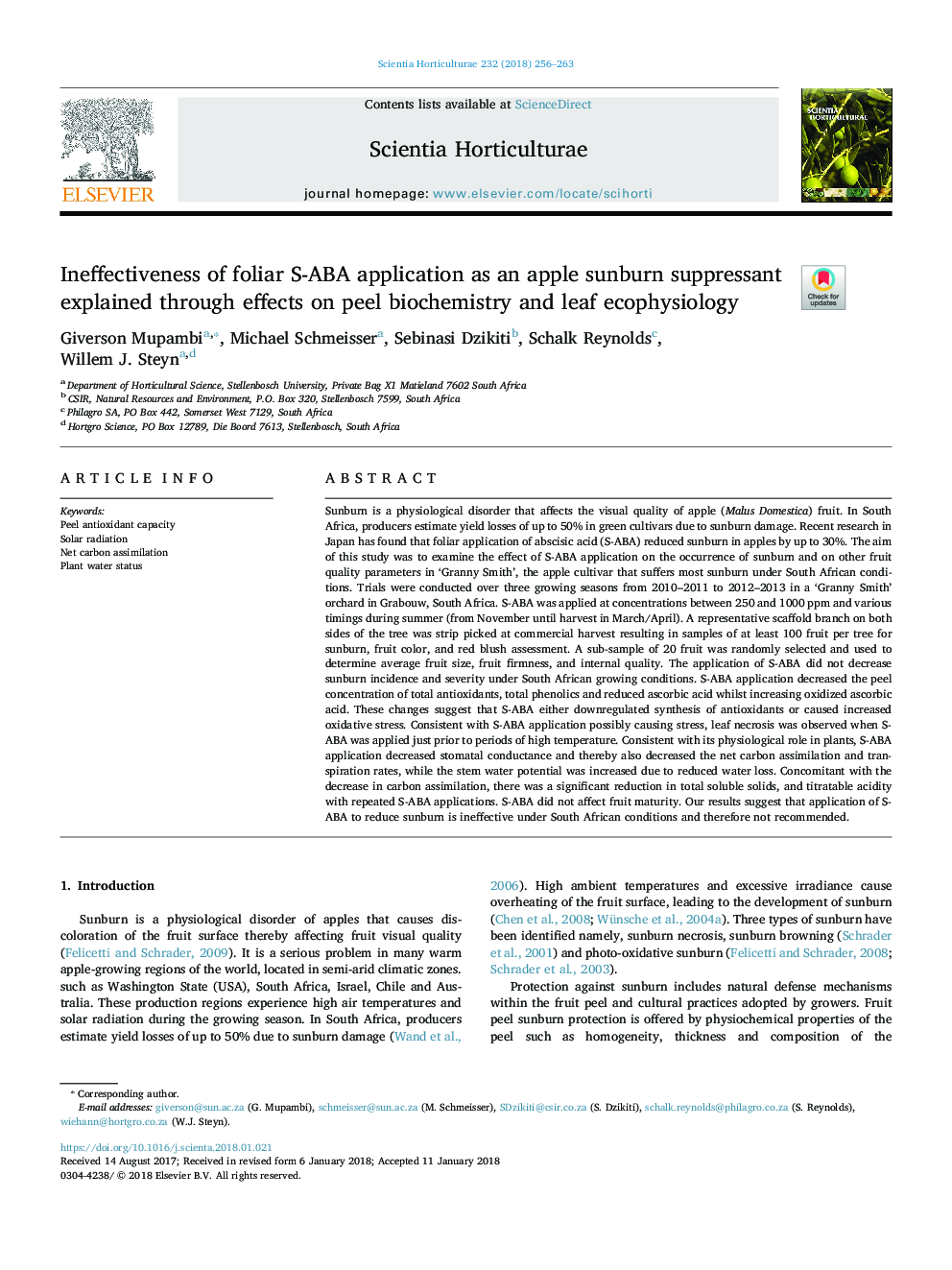 Ineffectiveness of foliar S-ABA application as an apple sunburn suppressant explained through effects on peel biochemistry and leaf ecophysiology