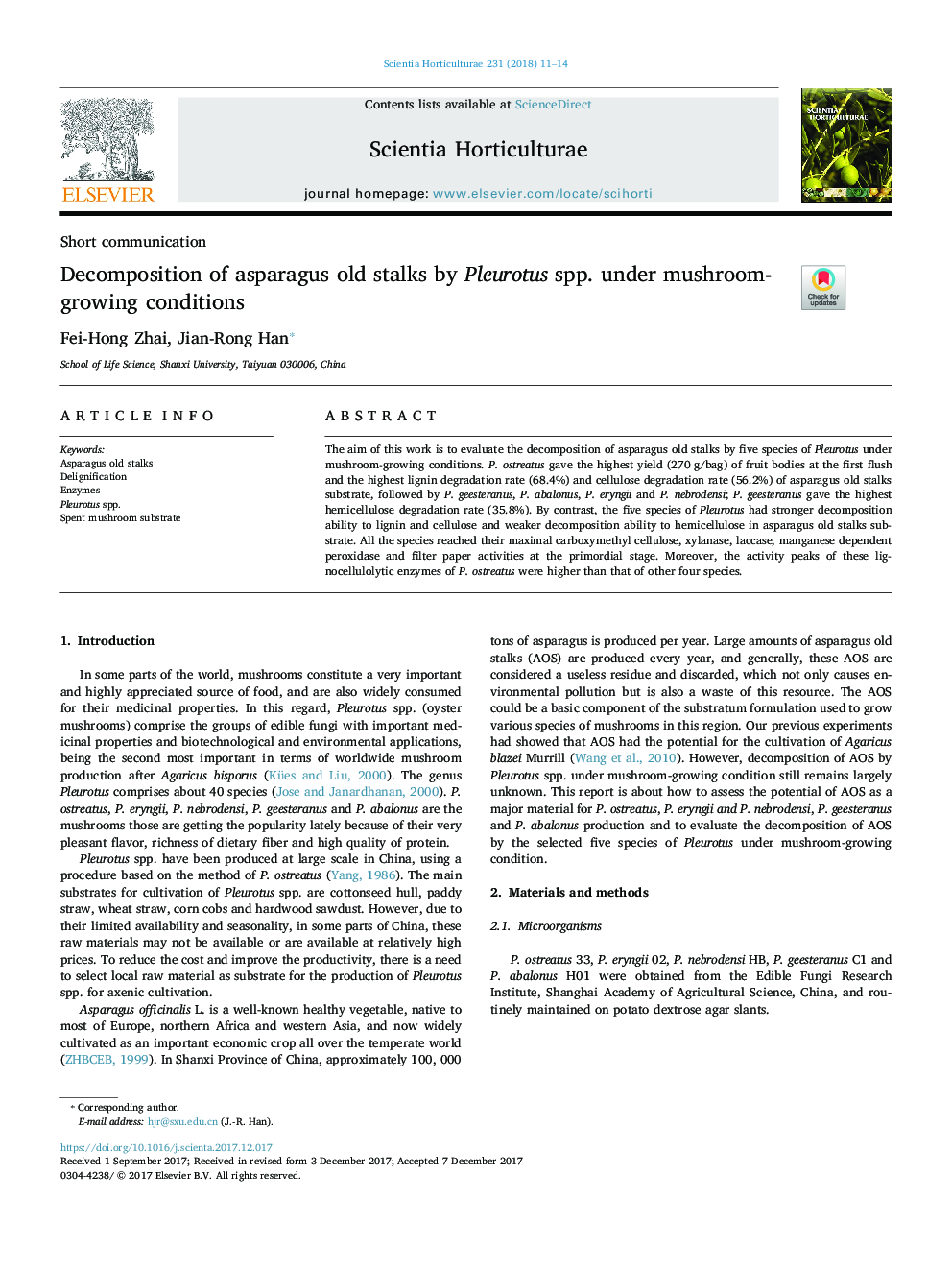 Decomposition of asparagus old stalks by Pleurotus spp. under mushroom-growing conditions