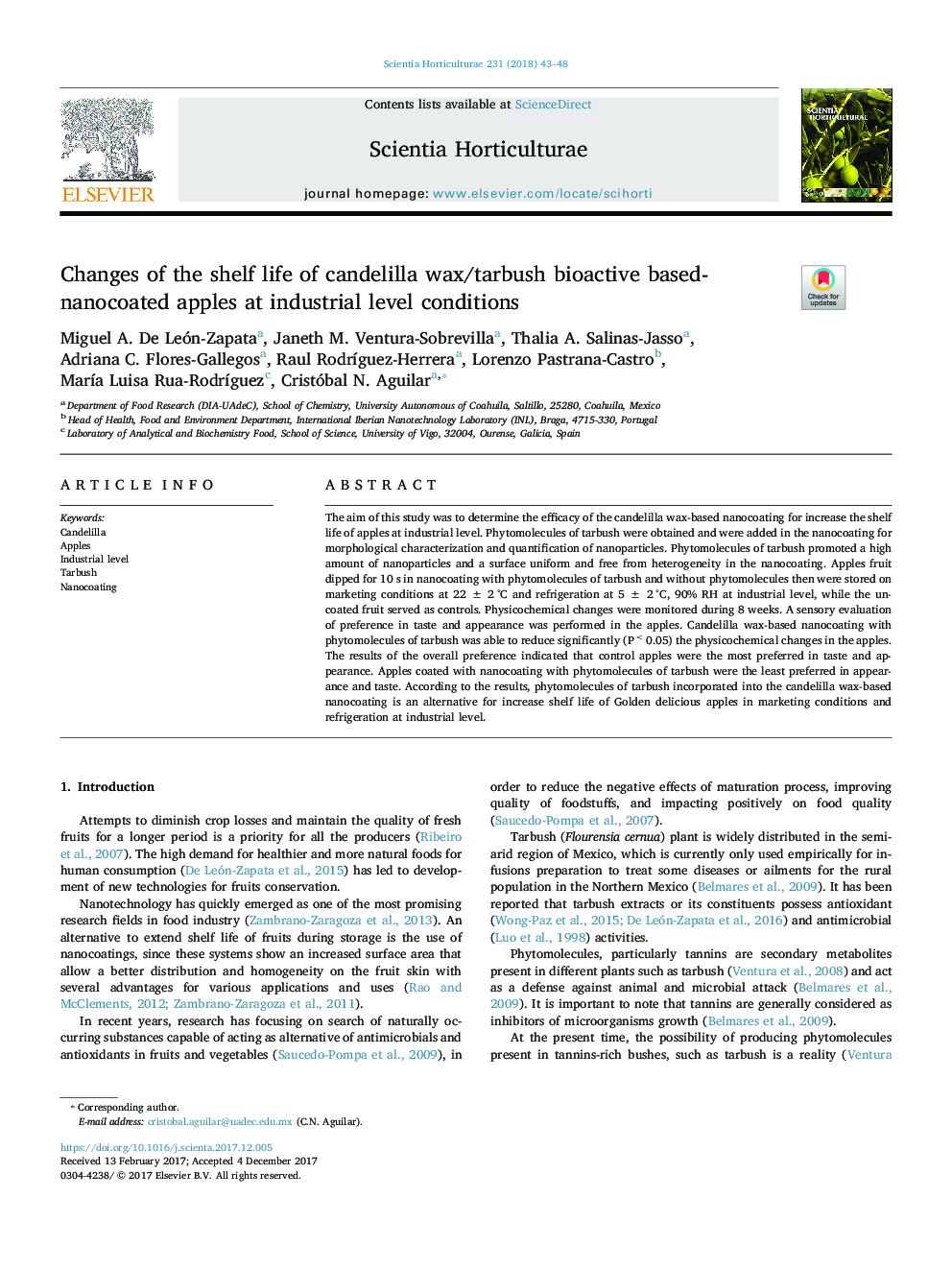 Changes of the shelf life of candelilla wax/tarbush bioactive based-nanocoated apples at industrial level conditions