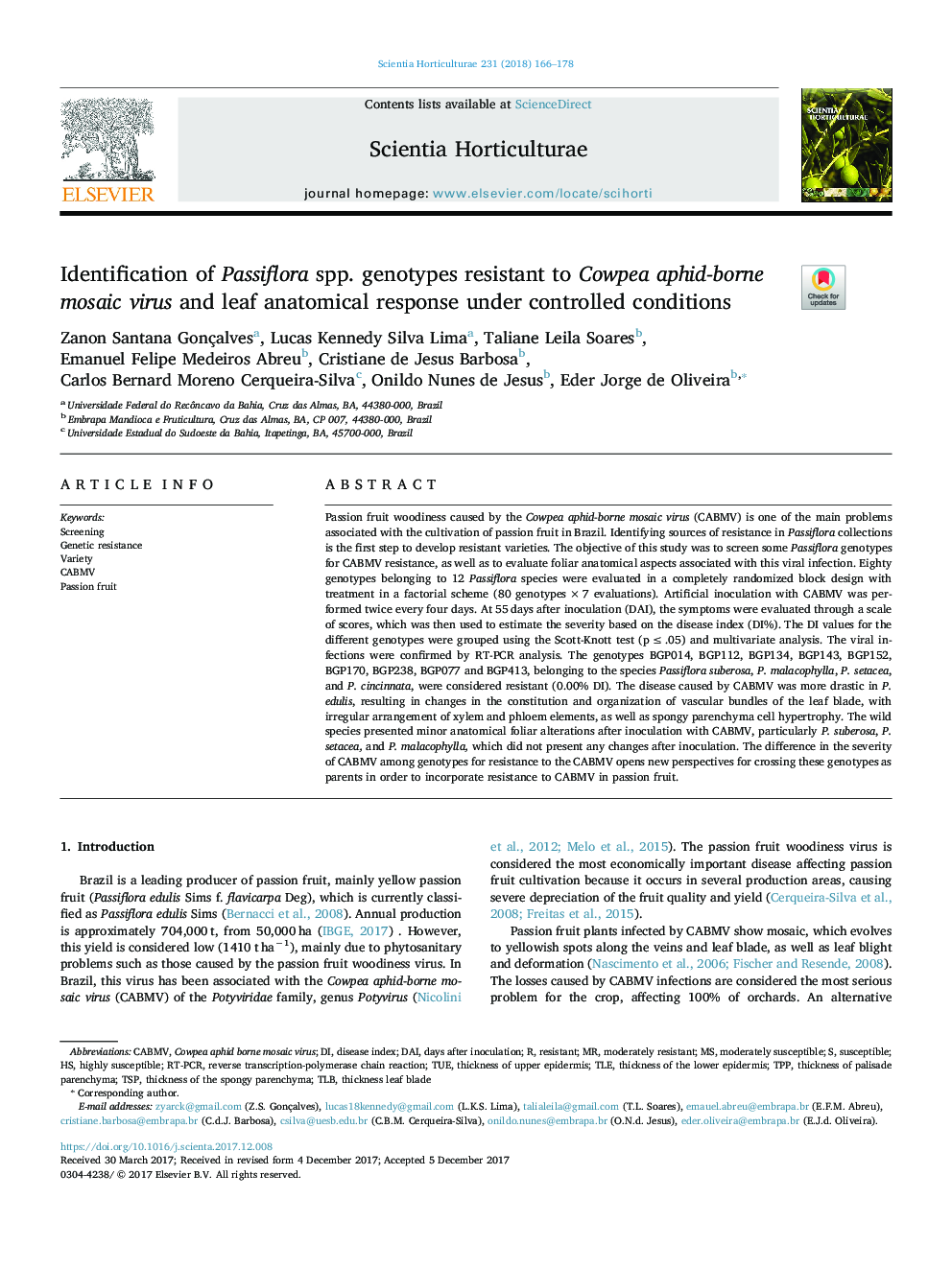 Identification of Passiflora spp. genotypes resistant to Cowpea aphid-borne mosaic virus and leaf anatomical response under controlled conditions