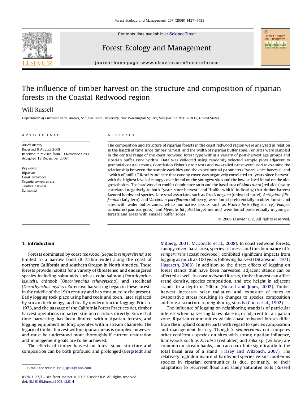 The influence of timber harvest on the structure and composition of riparian forests in the Coastal Redwood region