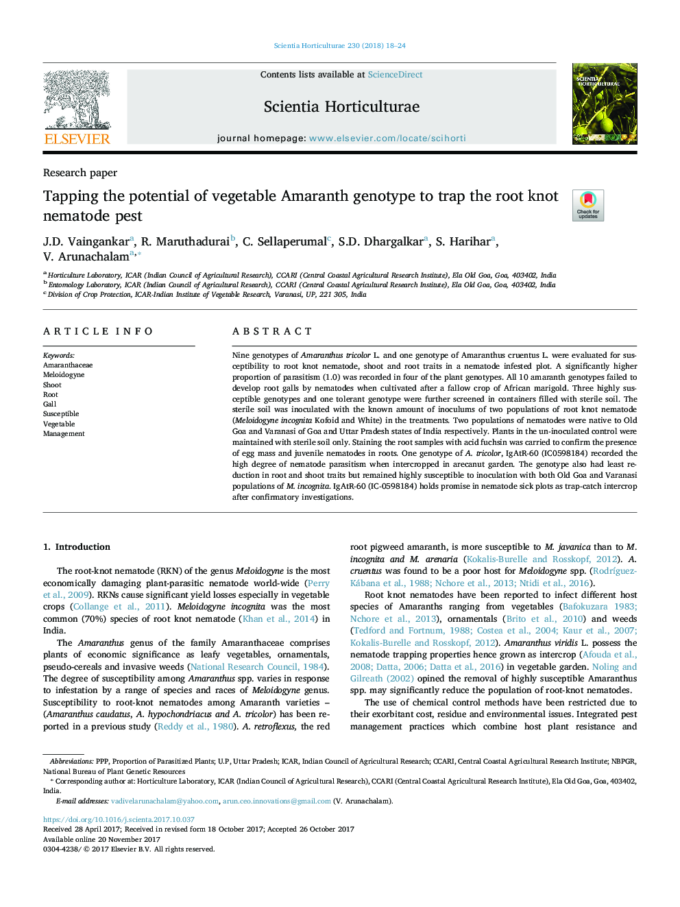 Tapping the potential of vegetable Amaranth genotype to trap the root knot nematode pest