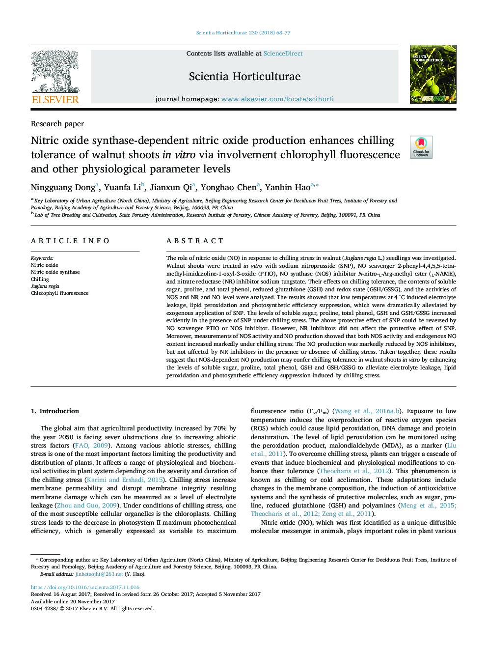 Nitric oxide synthase-dependent nitric oxide production enhances chilling tolerance of walnut shoots in vitro via involvement chlorophyll fluorescence and other physiological parameter levels