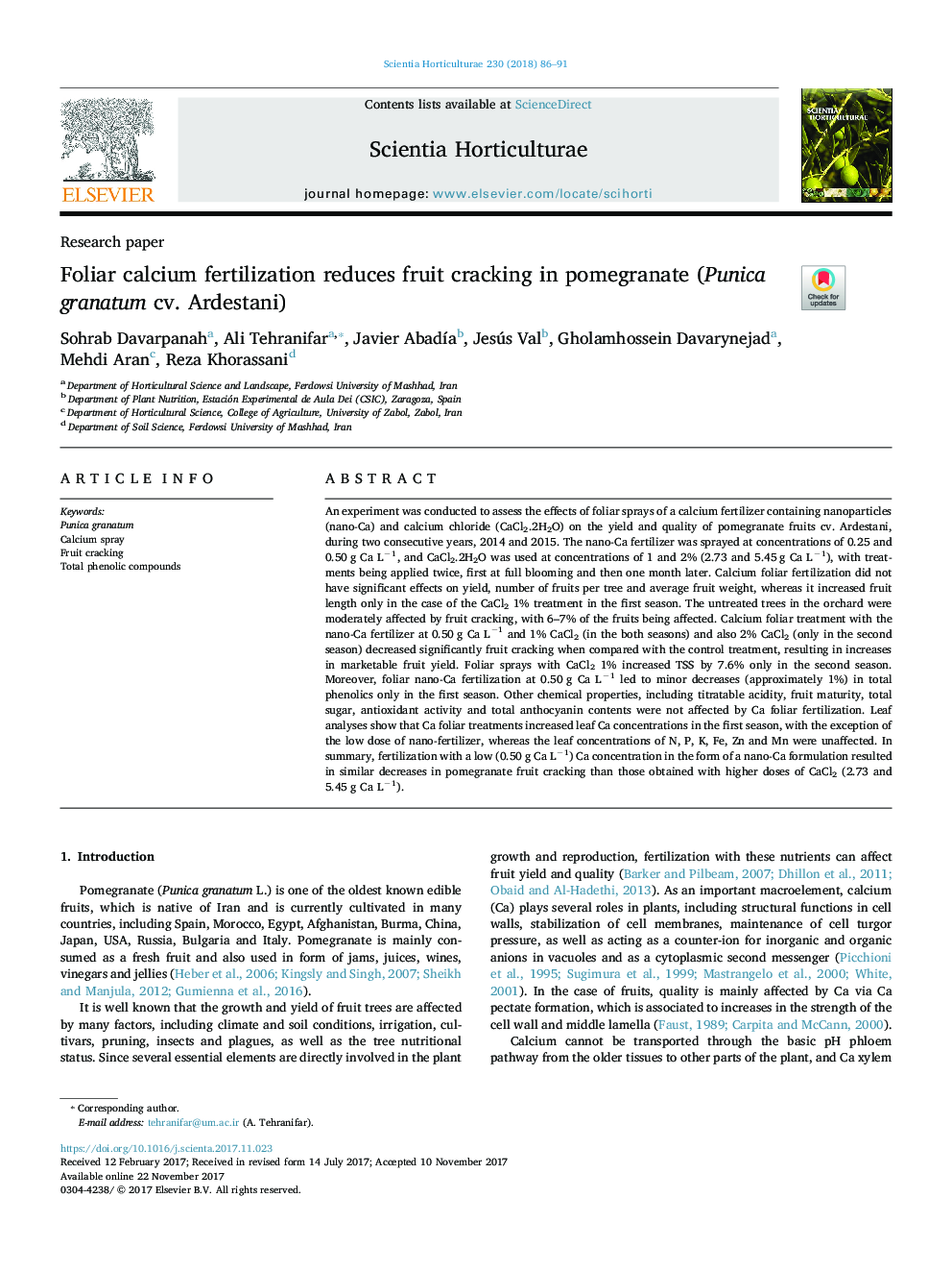 Foliar calcium fertilization reduces fruit cracking in pomegranate (Punica granatum cv. Ardestani)