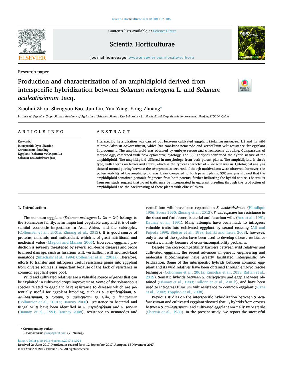 Production and characterization of an amphidiploid derived from interspecific hybridization between Solanum melongena L. and Solanum aculeatissimum Jacq.