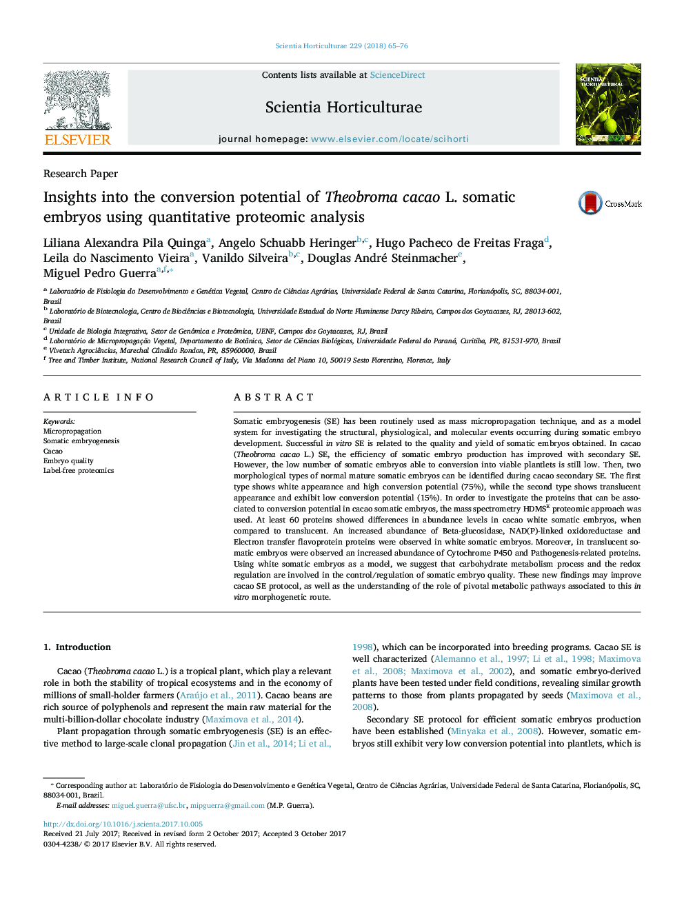 Insights into the conversion potential of Theobroma cacao L. somatic embryos using quantitative proteomic analysis