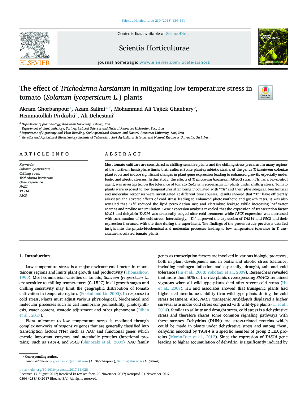 The effect of Trichoderma harzianum in mitigating low temperature stress in tomato (Solanum lycopersicum L.) plants